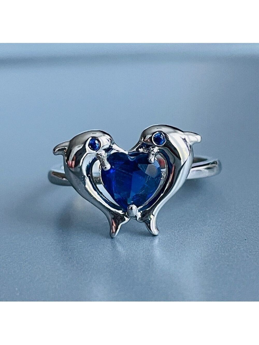 Lab Sapphire Heart 2 Dolphins Sterling Silver Ring Beach Ocean Summer - Picture 1 of 9
